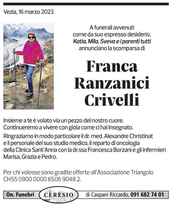 Annuncio funebre Franca Ranzanici Crivelli