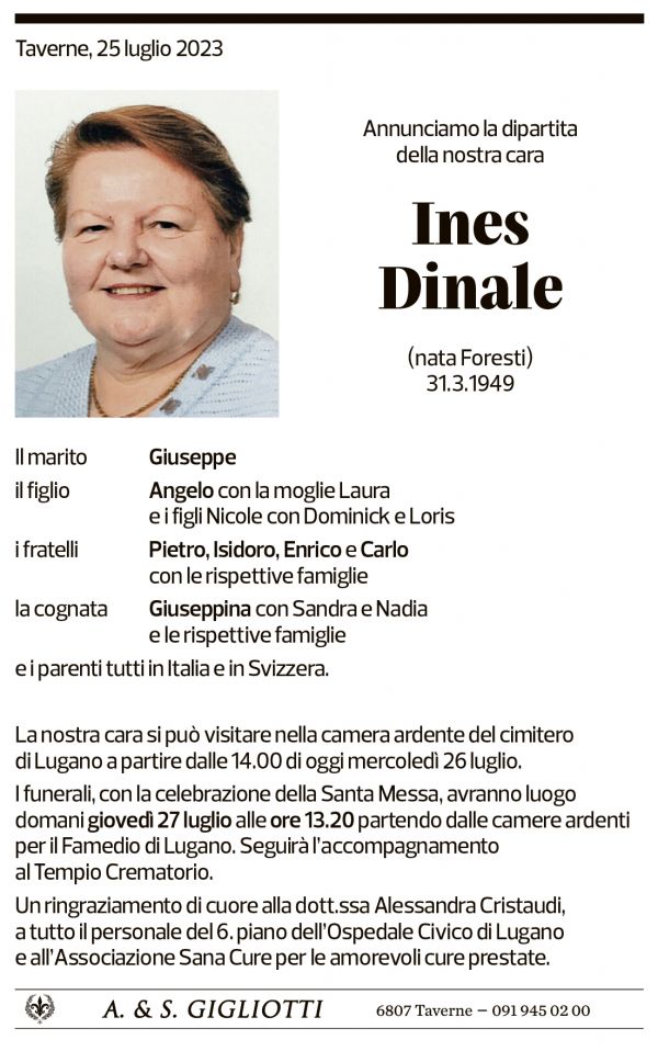 Annuncio funebre Ines Dinale