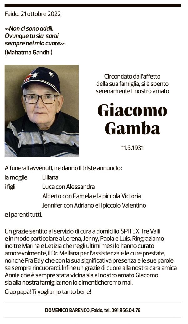 Annuncio funebre Giacomo Gamba