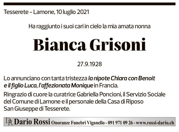 Annuncio funebre Bianca Grisoni