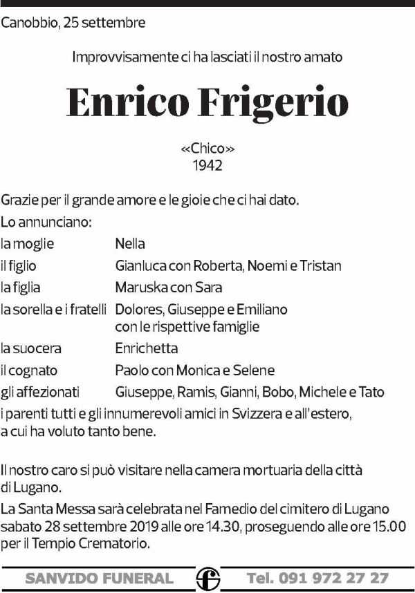 Annuncio funebre Enrico Frigerio