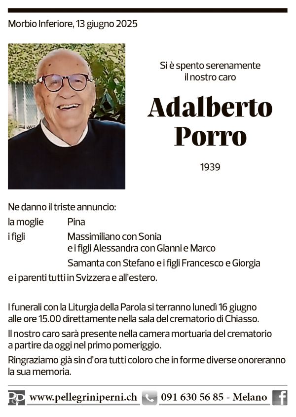 Annuncio funebre Adalberto Porro