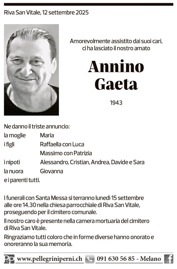 Annuncio funebre Antonino Gaeta