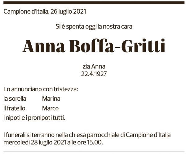 Annuncio funebre Anna Boffa-gritti