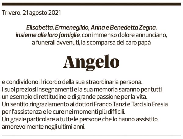 Annuncio funebre Angelo Zegna