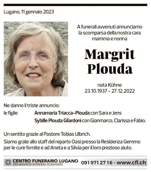 Annuncio funebre Margrit Plouda