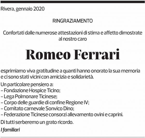 Annuncio funebre Romeo Ferrari