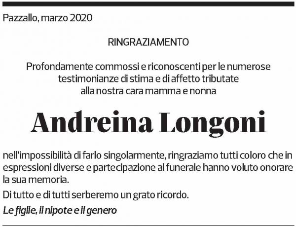 Annuncio funebre Andreina Longoni