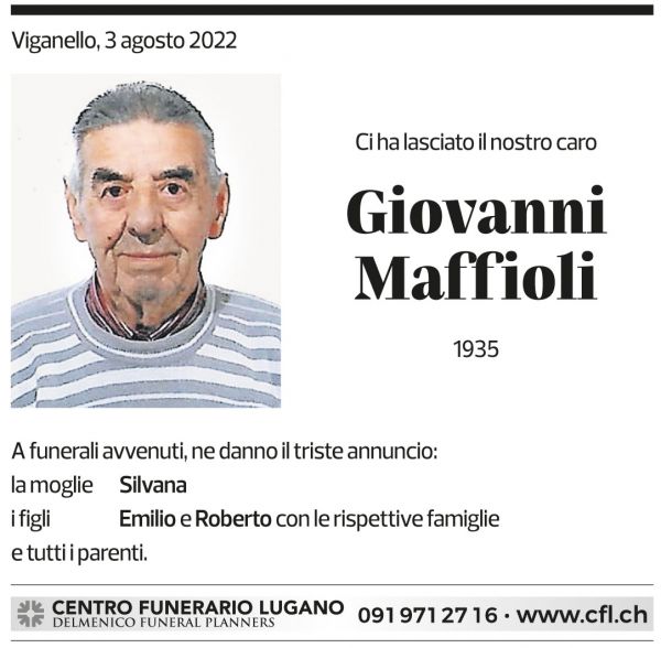 Annuncio funebre Giovanni Maffioli
