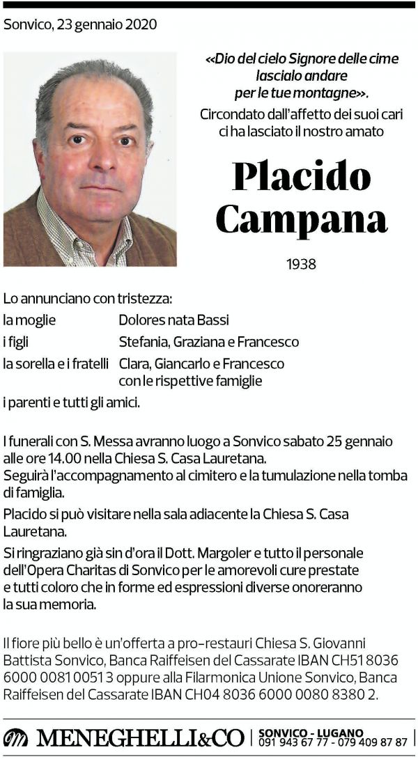 Annuncio funebre Placido Campana