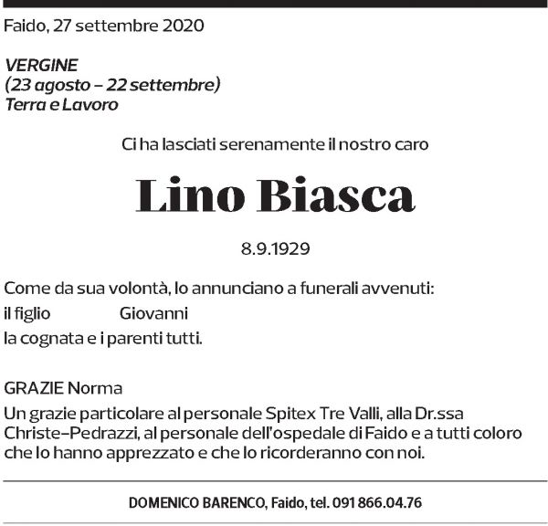 Annuncio funebre Lino Biasca