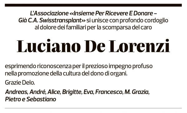 Annuncio funebre Luciano De Lorenzi