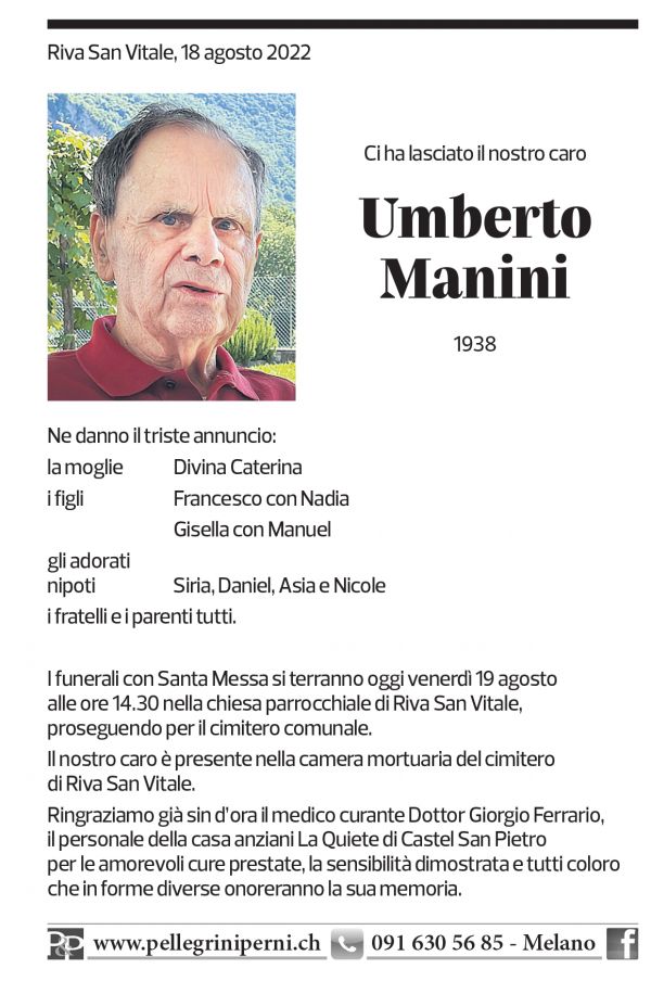 Annuncio funebre Umberto Manini