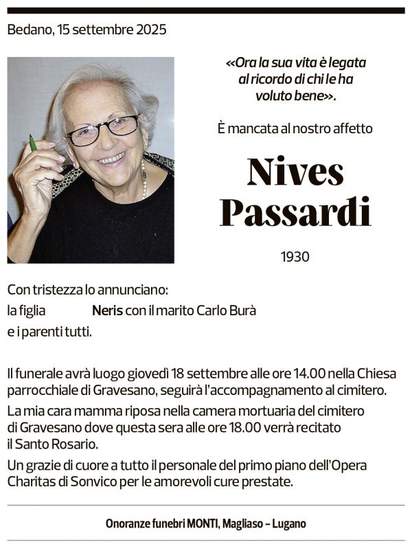Annuncio funebre Nives Passardi