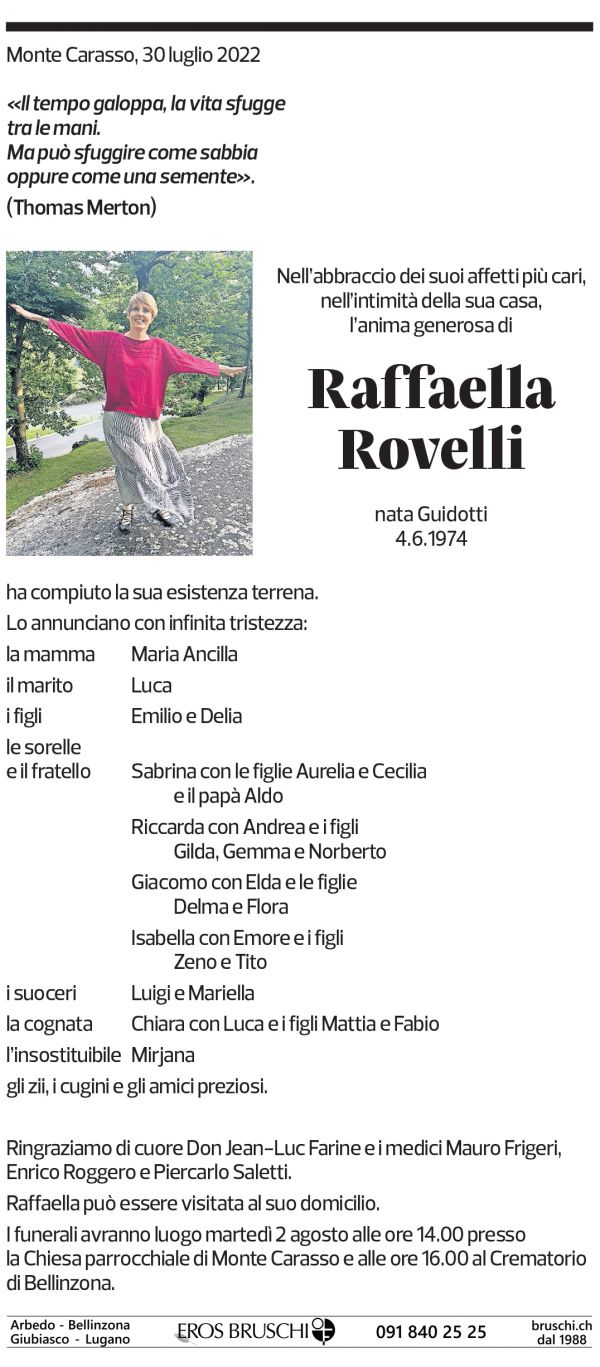 Annuncio funebre Raffaella Rovelli