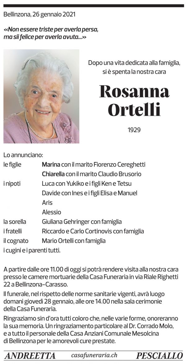 Annuncio funebre Rosanna Ortelli