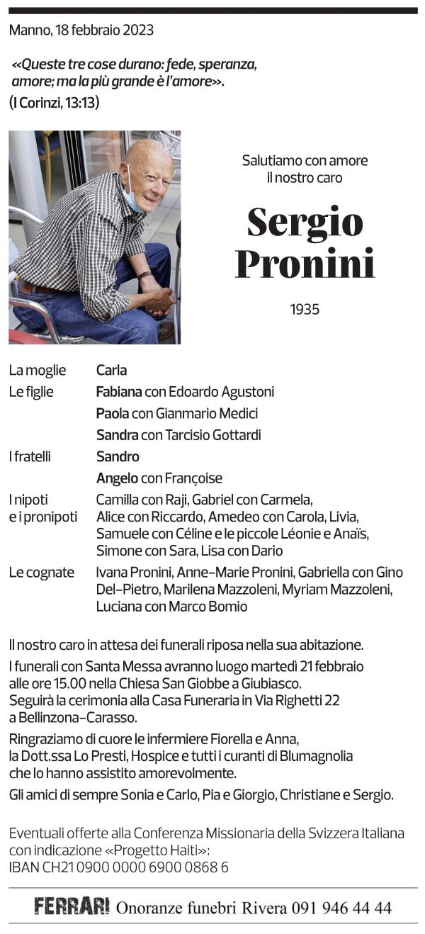 Annuncio funebre Sergio Pronini