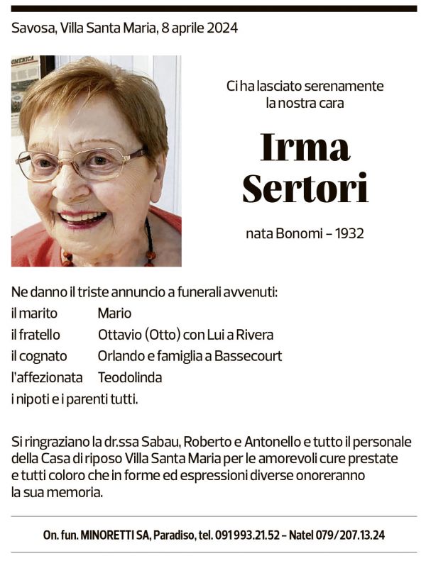 Annuncio funebre Irma Sertori