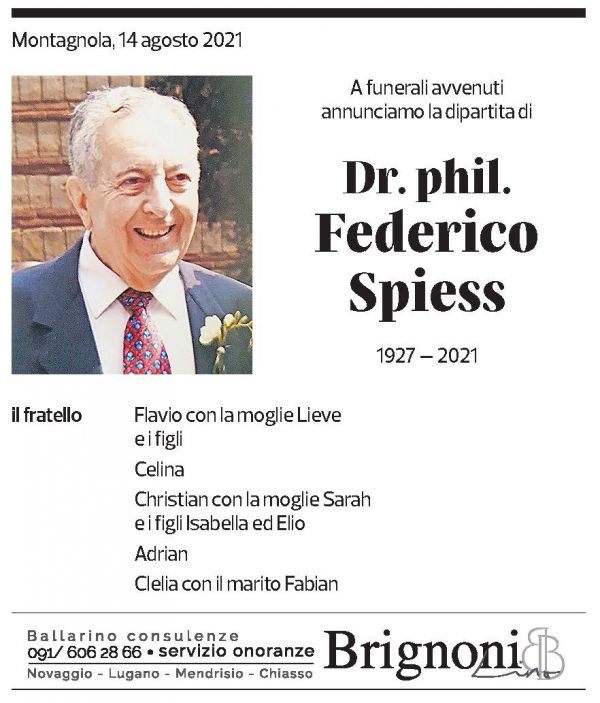 Annuncio funebre Dr. Phil. Federico Spiess