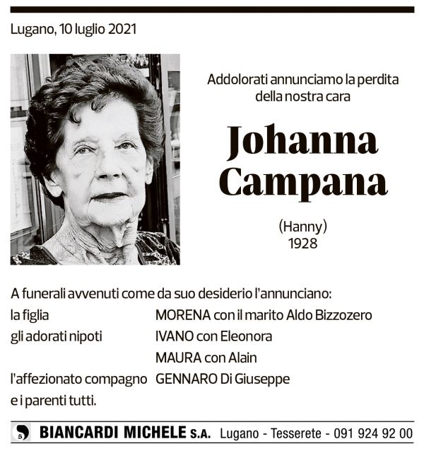 Annuncio funebre Johanna Campana