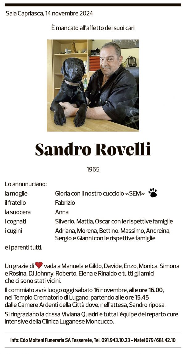 Annuncio funebre Sandro Rovelli