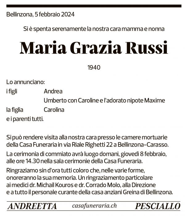 Annuncio funebre Maria Grazia Russi