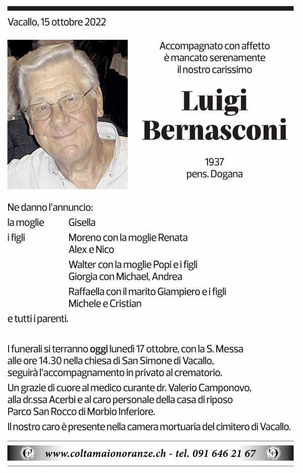 Annuncio funebre Luigi Bernasconi