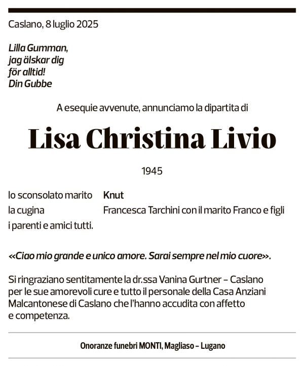 Annuncio funebre Lisa Christina Livio