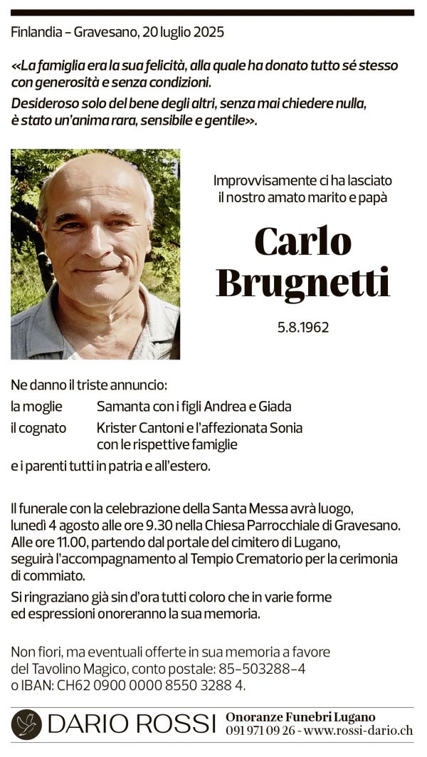 Annuncio funebre Carlo Brugnetti
