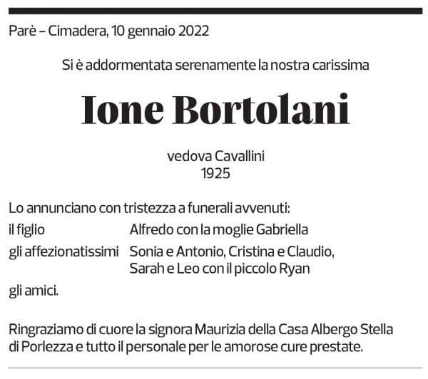 Annuncio funebre Ione Bortolani