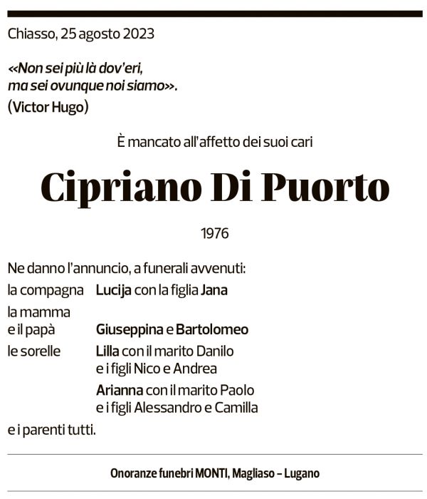 Annuncio funebre Cipriano Di Puorto