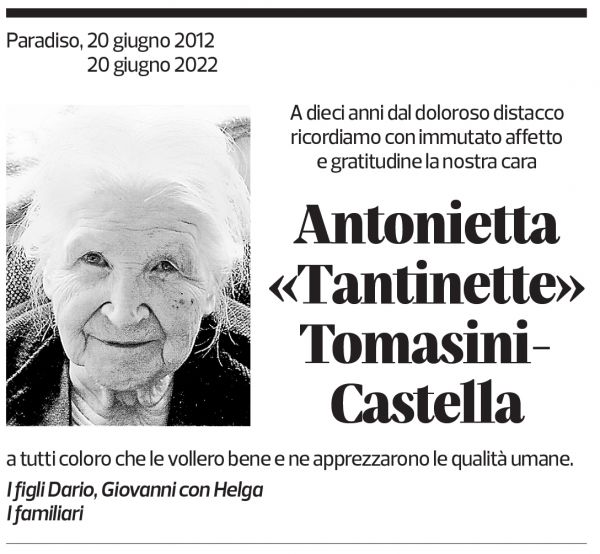 Annuncio funebre Antonietta Tomasini-castella