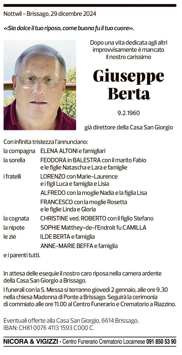 Annuncio funebre Giuseppe Berta