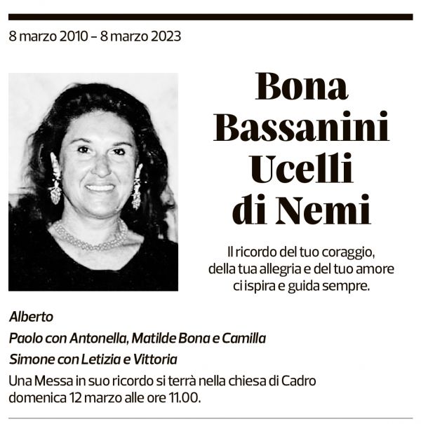 Annuncio funebre Bona Bassanini Ucelli Di Nemi