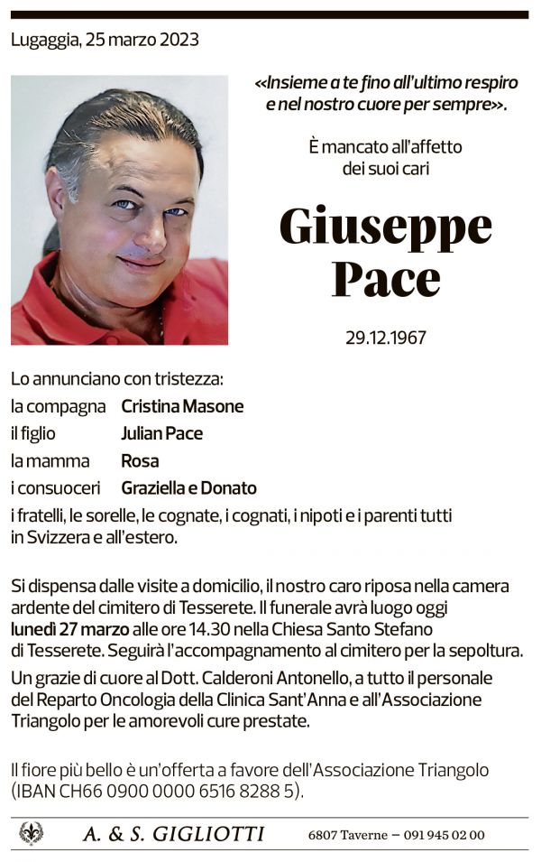 Annuncio funebre Giuseppe Pace