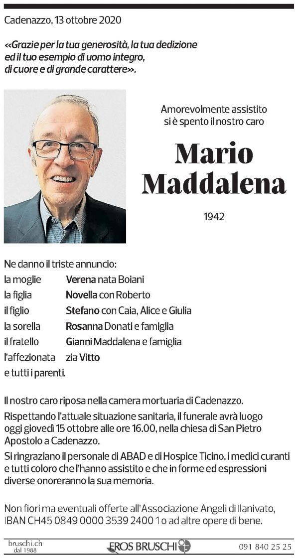 Annuncio funebre Mario Maddalena