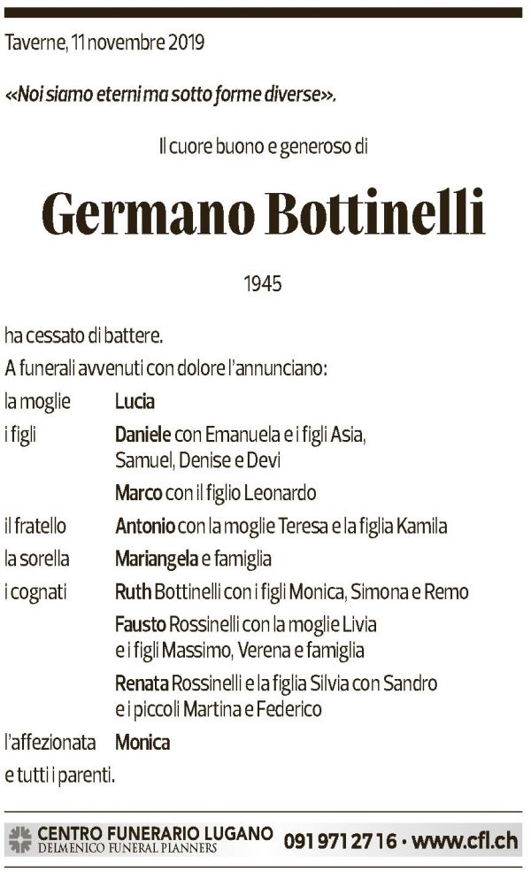 Annuncio funebre Germano Bottinelli