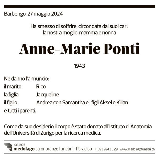 Annuncio funebre Anne-marie Ponti