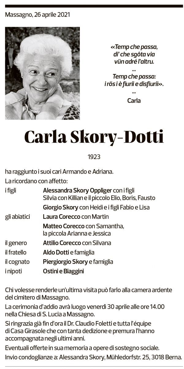 Annuncio funebre Carla Skory-dotti