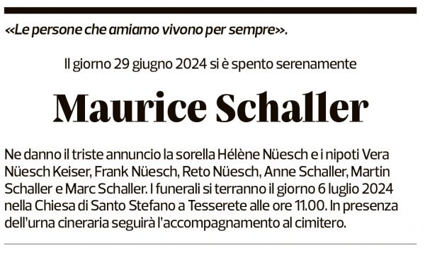 Annuncio funebre Maurice Schaller