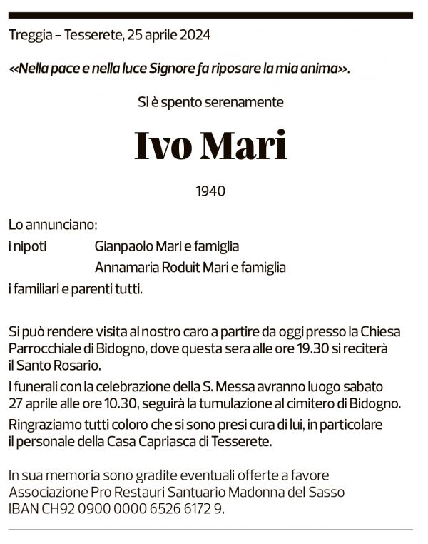 Annuncio funebre Ivo Mari