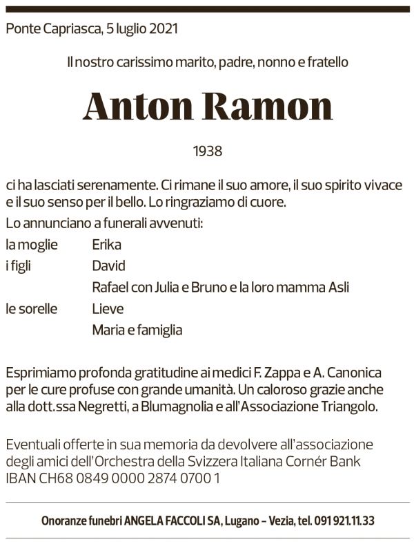 Annuncio funebre Anton Ramon