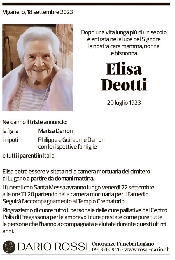 Annuncio funebre Elisa Deotti