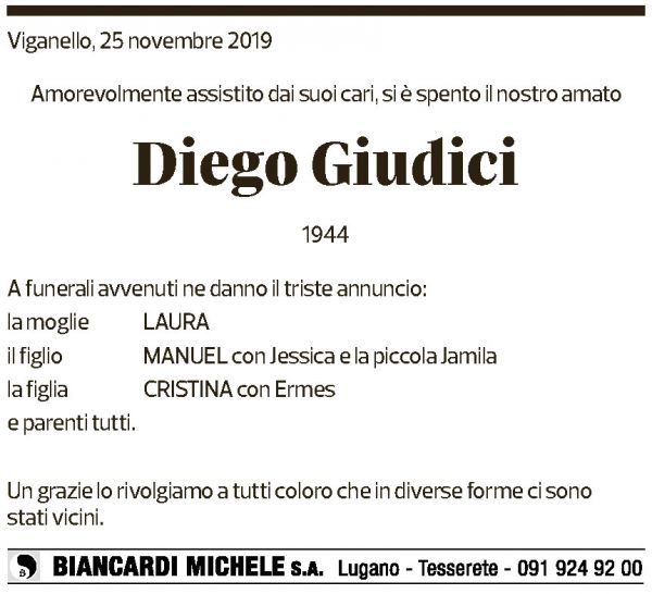 Annuncio funebre Diego Giudici