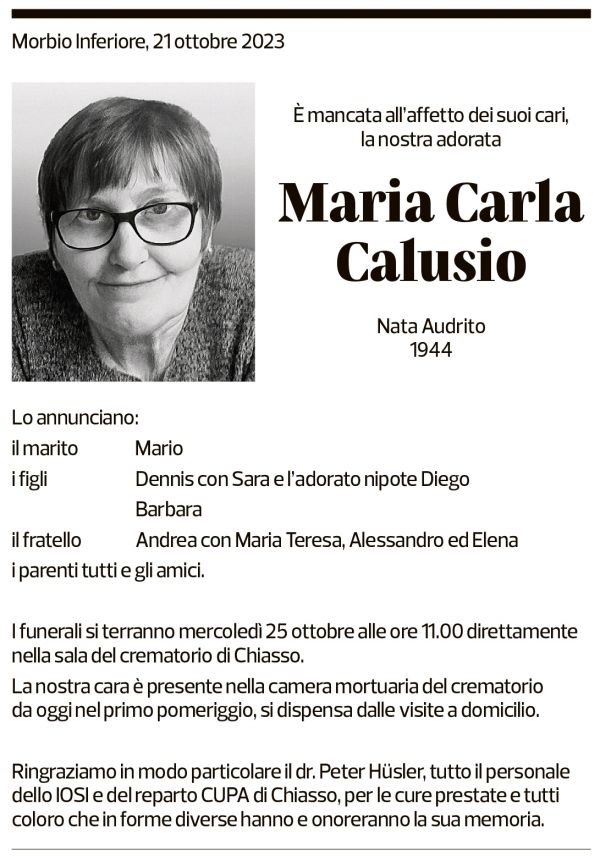 Annuncio funebre Maria Carla Calusio