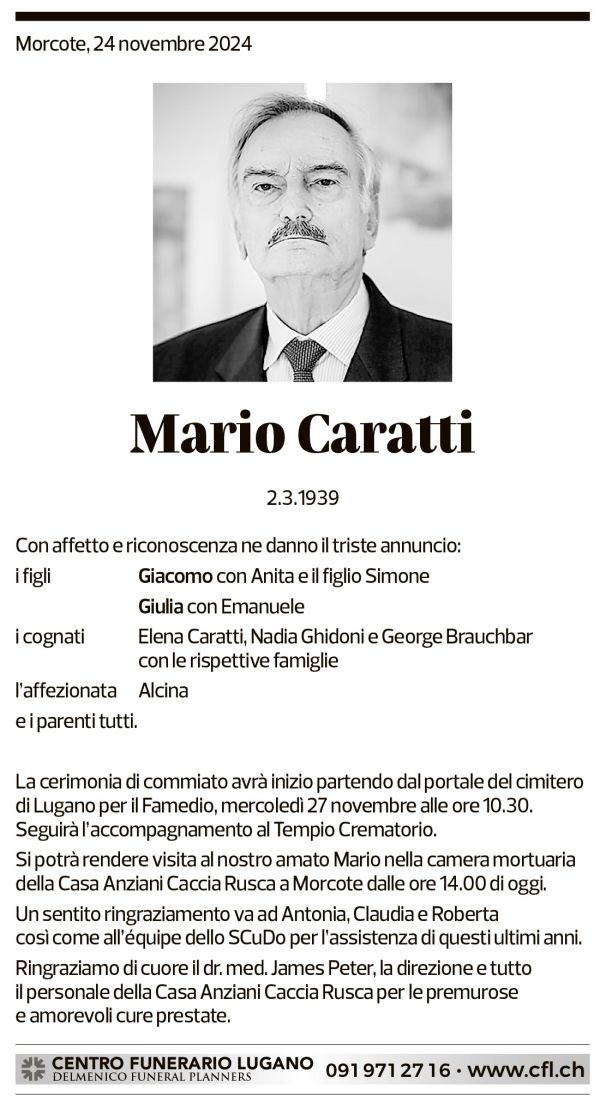 Annuncio funebre Mario Caratti