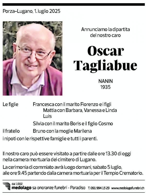 Annuncio funebre Oscar Tagliabue