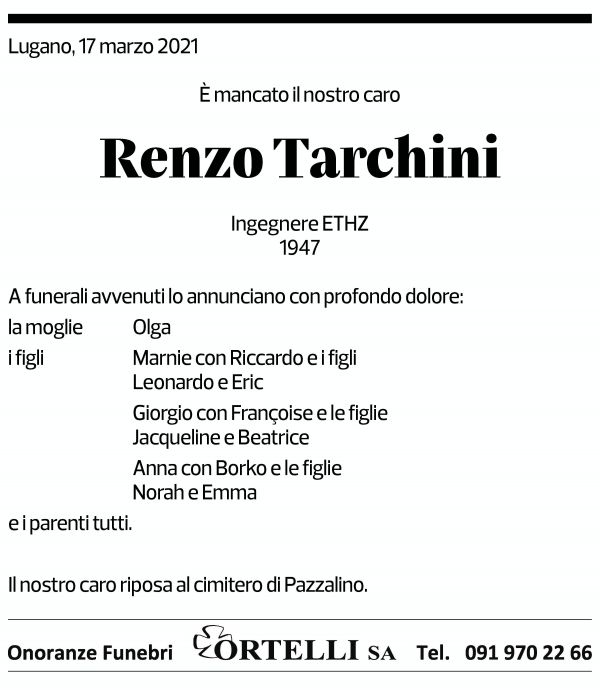 Annuncio funebre Renzo Tarchini