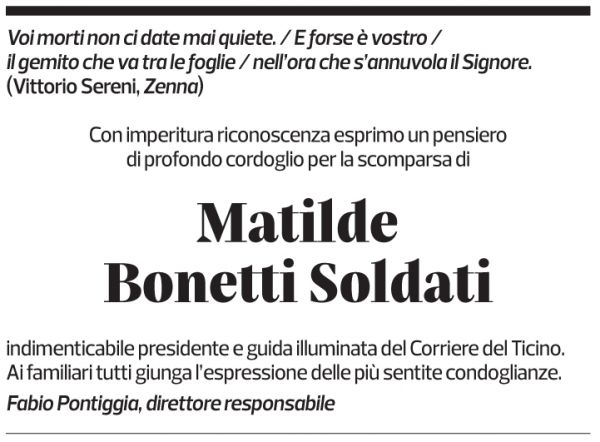 Annuncio funebre Matilde Bonetti Soldati