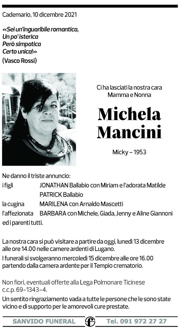 Annuncio funebre Michela Mancini